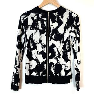 H&M Black White Full Back Zipper Sweater Abstract Paintbrush XS Extra Small